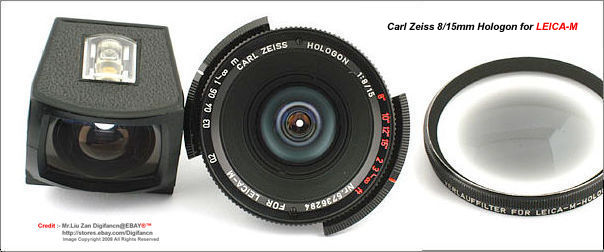 Original version of the Carl Zeiss HOLOGON 1:8/15 lens for LEICA-M with Bubble Optical viewfinder and center graduated filter
