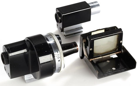Universal-finder 436/10 (black/chrome), Universal-finder 436/70, Folding Finder 433/26 (engraved: Made in Germany). Approx. year: c.1938 