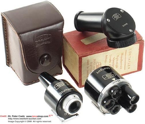 Comparison on size/ dimension between few finder types:- Zeiss Ikon Torpedo finder 438 for 85mm and 135mm, Universal Ffinder 440 for 25mm-135mm in leather case and an interesting angle finder for Contarex in original maker's box. 