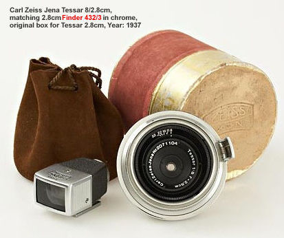 Carl Zeiss Jena Tessar 8/2.8cm for Contax, chrome version in top condition, matching 2.8cm finder 432/3 in chrome, original box for Tessar 2.8cm 