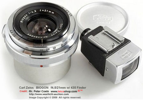 Carl Zeiss Biogon 1:4.5 f=21mm (f/4.5/21mm) ultra-wideangle lens with Finder 435 and original metal lens cap