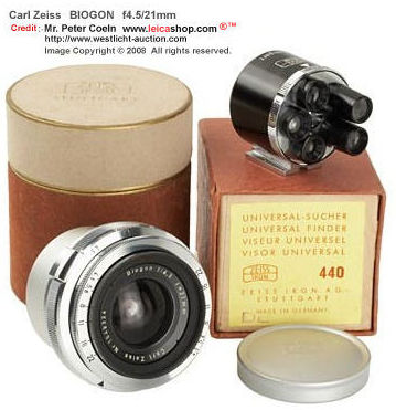 original box, lens cap and packing for Carl Zeiss Biogon 1:4.5 f=21mm ultra-wideangle lens late 1957 model with Finder Turret 440 
