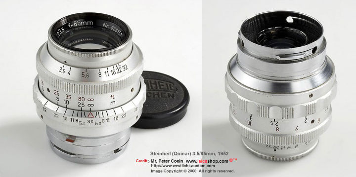 Steinheil (Quinar) 3.5/85mm

Extremely rare 85mm (Quinar) prototype lens engraved 'Steinheil Mnchen' in original Contax mount for IIa, IIIa; approx.  Year: 1952 