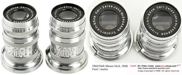 Carl Zeiss Jena Triotar 4/8.5cm for Contax, Triotar 4/8.5cm (in meters) + Triotar 4/8.5cm  (in feet), 1938