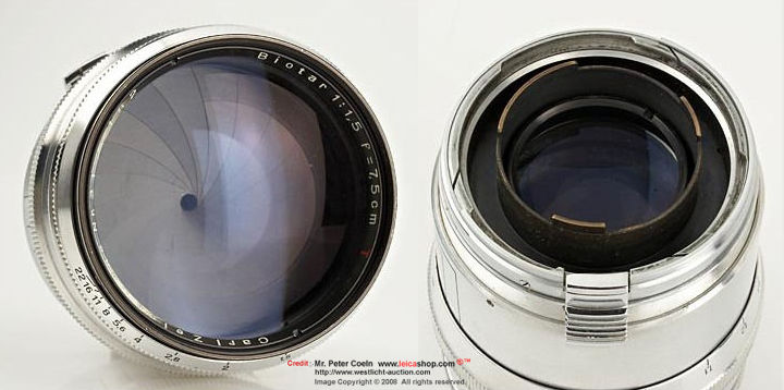 front lens view and rear lens mount of a Carl Zeiss Jena Biotar 1.5/7.5cm T for Contax, in top condition, very rare with the original Contax mount, very early - possibly a lens for testing purposes ; Approx. Year: 1949
 