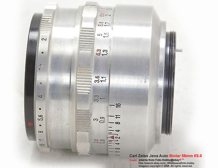 Side lens barrel view with various lens features, scales and depth of field scales on a Carl Zeiss Jena Auto Biotar 58mm f/2.0 stanard lens in Pentazx M42 mount