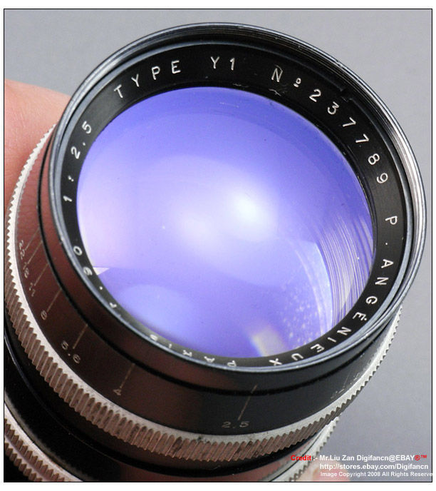 Fabulous view of the front lens element and lens coating reflection of a LSM Angenieux 90mm f2.5 Type Y1  Leica L39 rangefinder coupled 