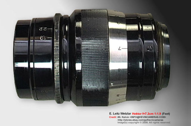 Side view of various lesn fatures and data on a rare version wih FEET scales Leica Ernst Leitz Wetzlar HEKTOR f=7.3cm 1:1.9 (73mm f/1.9) short Telephoto Lens 