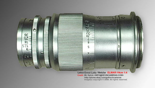 Side view of a  rare, all chrome version of Leica Ernst Leitz Wetzlar f=9cm 1:4.0 Elmar short telephoto lens