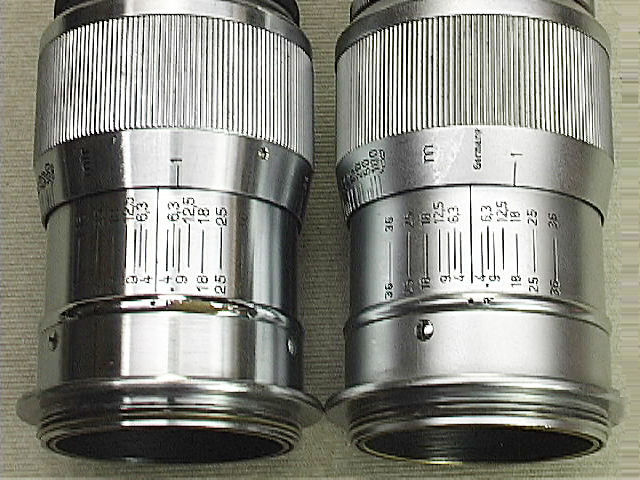 Comparing lens tubes of two versions of  Leica Ernst Leitz Wetzlar f=9cm 1:4.0 Elmar short telephoto lens