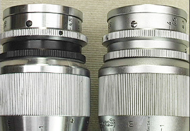 Comparing front lesn tube/barrel of two versions of  Leica Ernst Leitz Wetzlar f=9cm 1:4.0 Elmar short telephoto lens