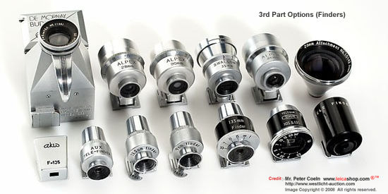 3rd Party Alternatives:- De Mornay 5cm reflex finder, Swallow 35mm finder, Canon 28mm attachment (with case), Fuji Tele finder 7.5cm, AKW 135mm finder, Tomym 105 +135mm finder, 3 x Alpex finder (28mm, 35mm and 90mm), a 90mm finder (marked: Made in Japan