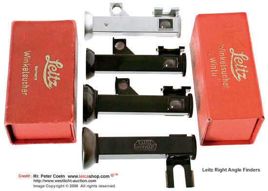 Leica/Leitz Right-angle viewfinders 4 different finders with 2 red boxes, leather case (early WINKO black, early WINTU black, late WINTU black, WOOSU chrome) 