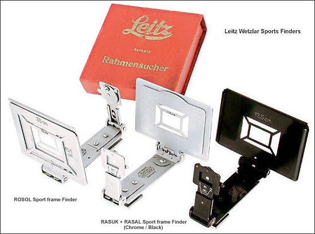 Sports Viewfinders; 3 folding frame viewfinders with a red box, leather case (RASUK + RASAL black, RASUK + RASAL chrome, ROSOL chrome)