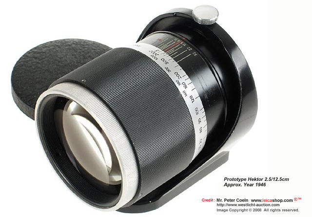 Hektor 2.5/12.5cm Prototype; originally produced only as a projection lens, 
in a mount of Telyt 400mm, for Visoflex, cap; approx. Year: c.1946