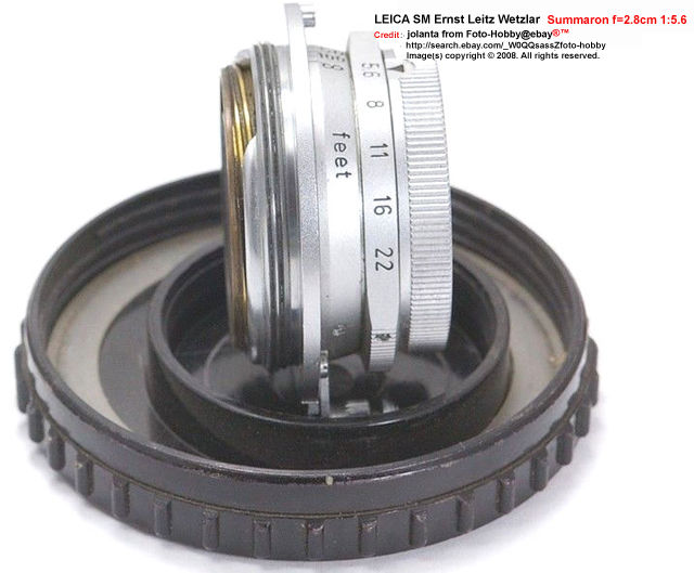 Distance scales and depth of field of  a Leica rangefinder SM Ernst Leitz Wetzlar 1:5.6 F=2.8CM SUMMARON wideangle lens 