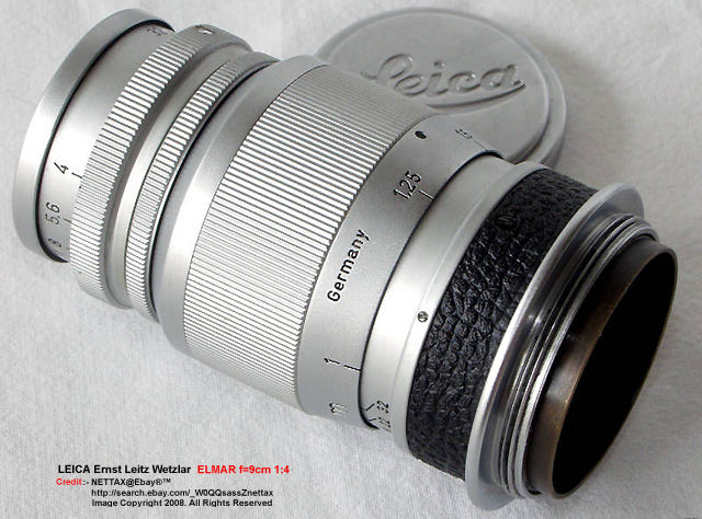 Side panel of lens barrel of a Leica SM rangefinder (RF) chrome version of Ernst Leitz Wetzlar f=9cm 1:4.0 Elmar (a Nettax picture)