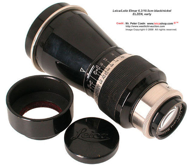 Leica Leitz Elmar 6.3/10.5cm (105mm f/6.3) Black/Nickel
ELZEN, early, with very clean lenses, hood, capsapprox. Year: 1932