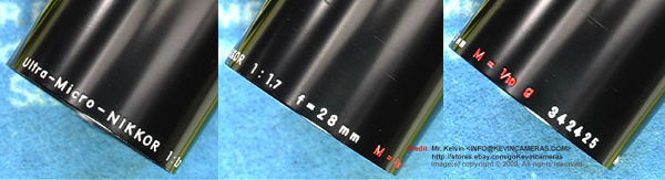 lens tube section with data inscription on a Nippon Kogaku Japan Ultra-Micro-NIKKOR 1:1.7 f=28mm M=1/10 g