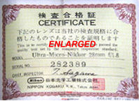 Enlarged view of a Quality Inspection certificate for Ultra-Micro-NIKKOR