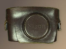 Early model of leather camera case for Nikon rangefinder camera Nikon S2 front