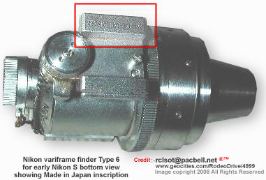An early Nippon Kogaku K.K. variframe finder for  Nikon rangefinder cameras  Type 6 for early Nikon S bottom view showing MIOJ inscription