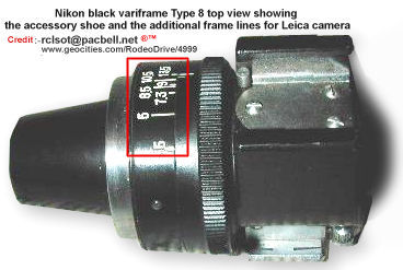 Nippon Kogaku K.K. variframe finder for  Nikon rangefinder cameras  Type 8 top view showing the accessory shoe and the additional frame lines for Leica camera
