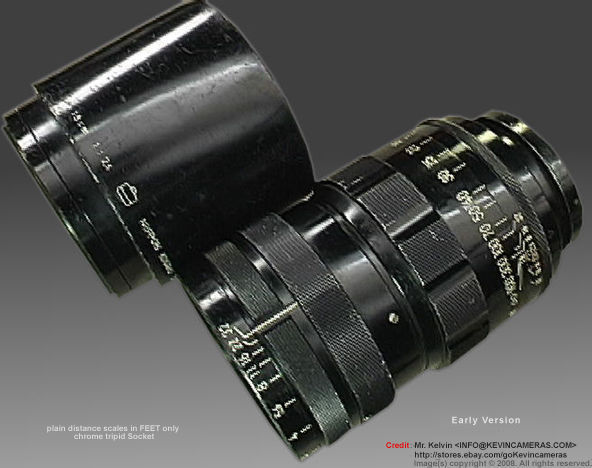 Lens view and original Nikon lens hood for  RF Nikkor-H 1:2.5 f=18cm (180mm f/2.5) Telephoto lens for rangefinder Nikon cameras