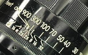 Detailed view on the distance index, scales on RF Nikkor 18cm f/2.5 lens