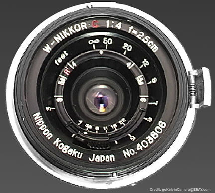 Front view of S-mount Bayonet type W-Nikkor.C 1:4 f=2.5cm lens (25mm f/4.0 RF Nikkor)