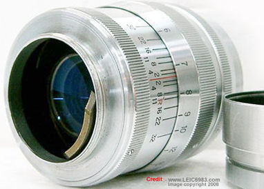 Rear section of a LEICA screw mount on a chrome bodied,  Nippon Kogaku Nikkor-P 1:2 f=8.5cm telephoto lens for Nikon rangefinder cameras