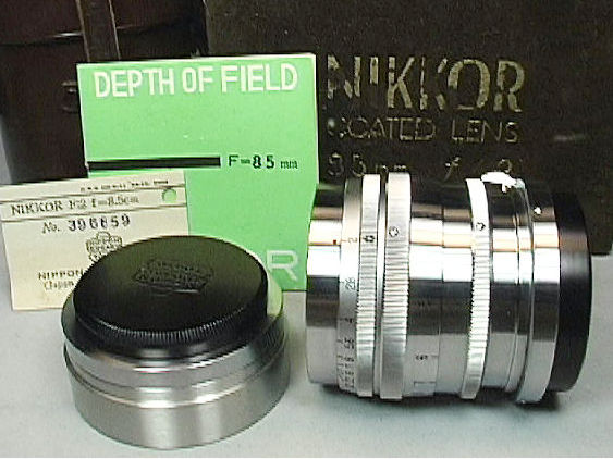 NIKKOR COATED LENS box and Depth of field table/ book / card for Contax mount model of  Nikkor-P 1:2 f=8.5cm telephoto lens for Nikon rangefinder cameras
