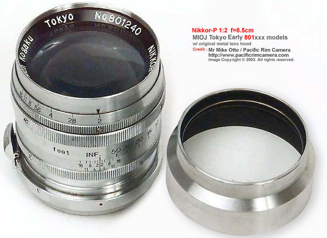 A very early, rare 801xxx serial numbered lens with dedicated chrome, original metal lens hood ,  Nikon's Nikkor-P 1:2 f=8.5cm telephoto lens for Nikon rangefinder cameras