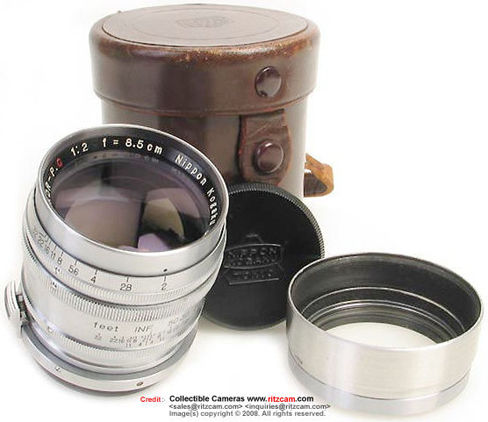 Original leather lens case, lens hood  and Contax chrome version / model of  Nikkor-P 1:2 f=8.5cm telephoto lens for Nikon rangefinder cameras