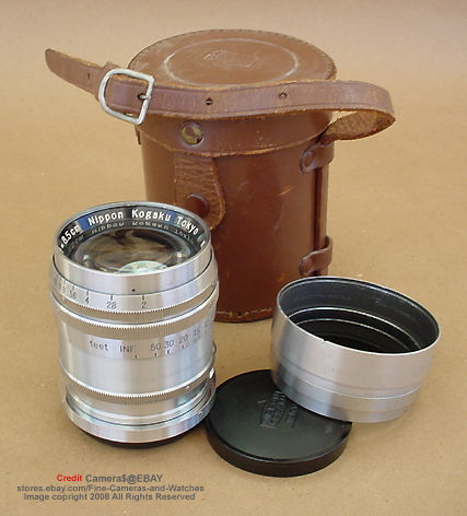 Original lens lather case, chrome metal lens hood and rear lens cap for  Nikkor-P 1:2 f=8.5cm telephoto lens for Nikon rangefinder cameras