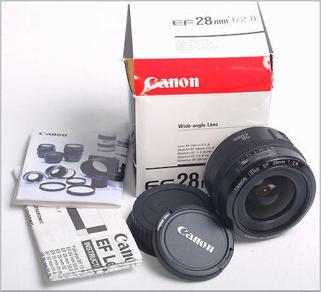 A full setup of standard accessories for Canon EF 28mm f/2.8 wideangle lens