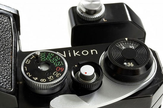 Camera controls on top panel on Nikon F High Speed Motor Drive Camera, Sapporo Winter Olympic Model, 1972