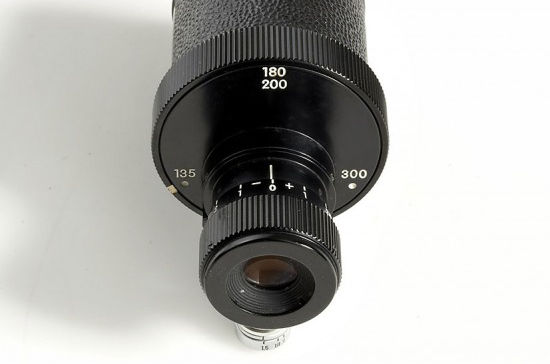 Rear view of finder adjustment eyesight correction on the special zoom finder for 135~300mm lenses on Nikon F High Speed Motor Drive Camera, Sapporo Winter Olympic Model, 1972