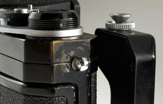 Shutter release and hand grip section on Nikon F High Speed Motor Drive Camera, Sapporo Winter Olympic Model, 1972