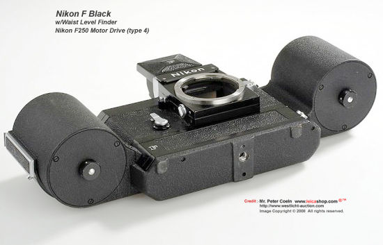 Base section  view of a 1969 Nikon F black body w/waist-level finder, F250 motor drive  