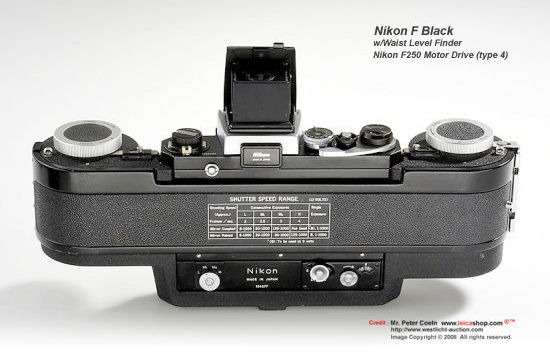 Rear / back view of a Nikon F black body w/waist-level finder, F250 motor drive  