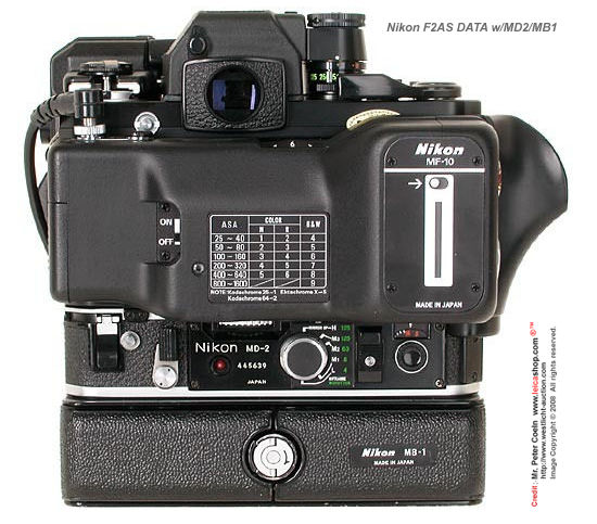 Rear/Back view of a Nikon full setup of Nikon F2AS with MD-2 Motor Drive / MB-1 power pack and EE Aperture control device.