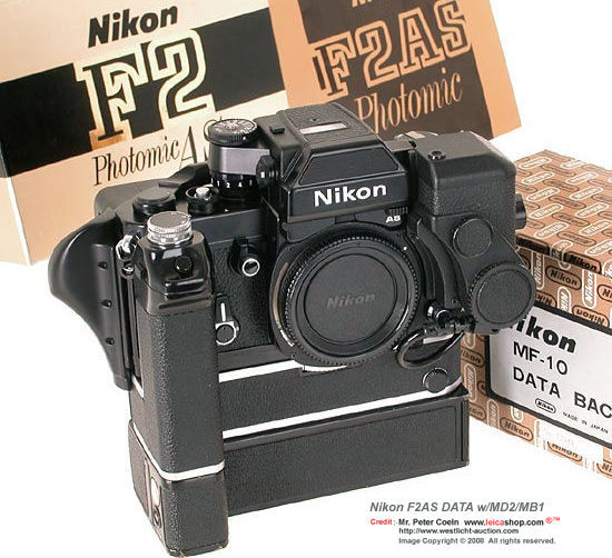 Nikon F2AS The camera has a very late S/N, using a standard Nikon F2AS camera (matching w/DP12 metered Prism Finder) and MF-10 data-back. MD-2 Motor Drive, MB-1, DS-12EE (EE Aperture control Unit for Shutter Priority exposure control), as well as it came 