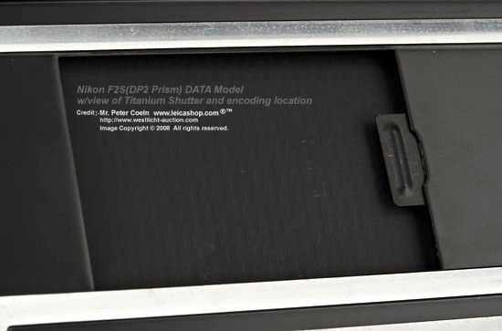 The Tiataniium Shutter curtain and location of encoded data on Nikon F2S DATA camera