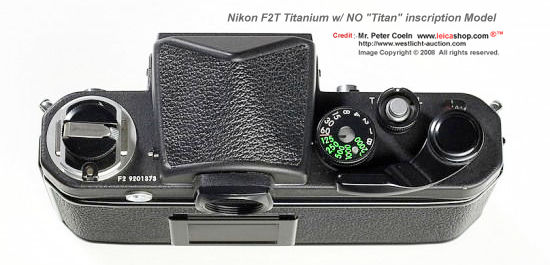 Top view of various camera controls for camera - Nikon F2T  Titanium Body SLR camera model without the  Titan Incription