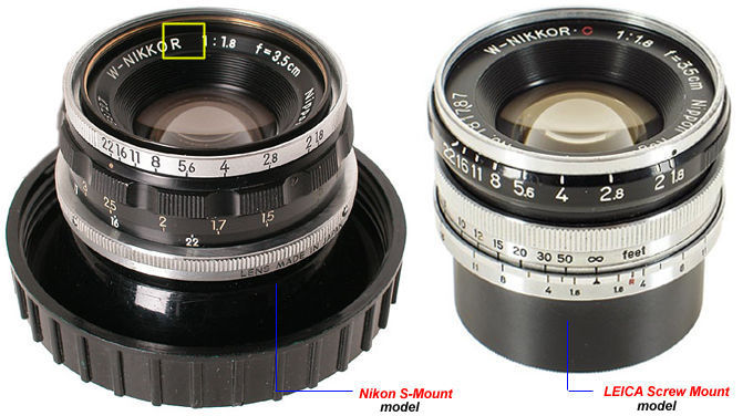 comparing Nikon S-mount with Leica Screw Mount of Nikon (Nippon Kogaku K.K.) rangefinder W-Nikkor-C 1:1.8 f=3.5cm (35mm f/1.8) wideangle lens